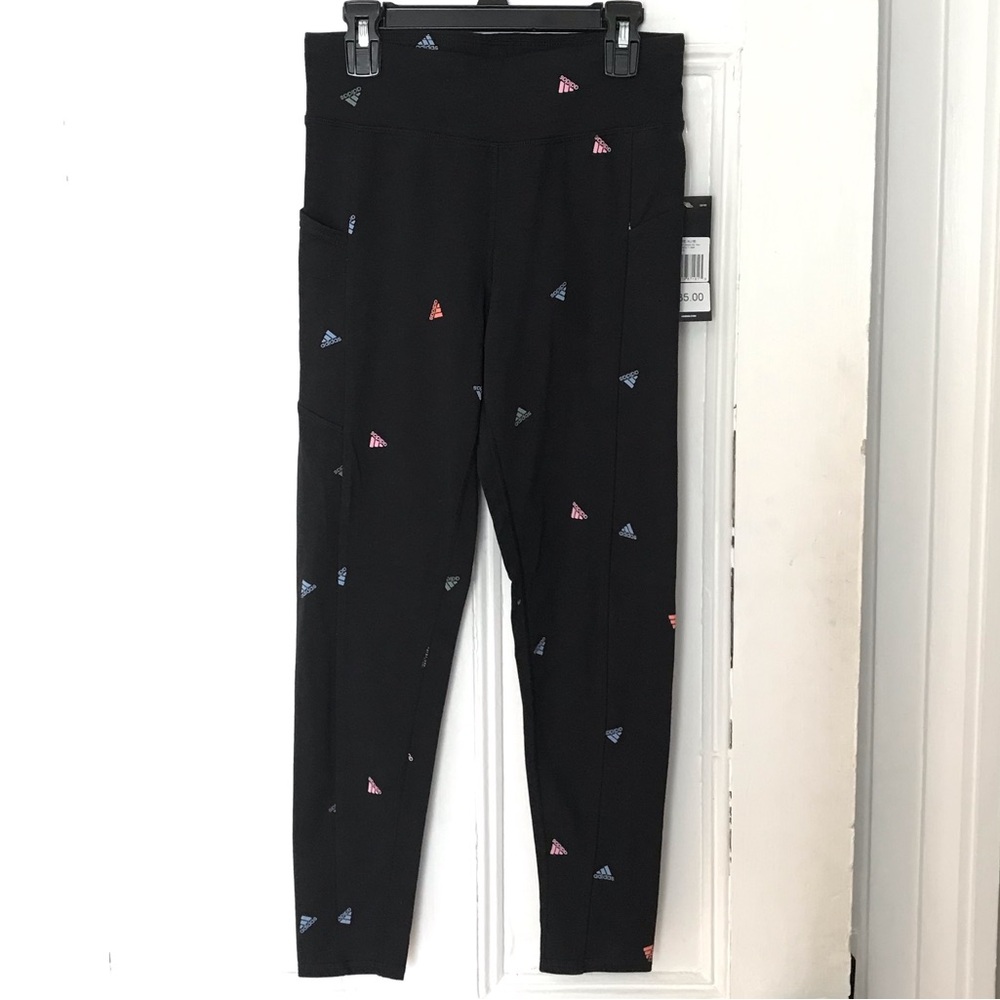 Girls XL Adidas Black Fitted Legging with Multi Color Emblems and Side Pocket